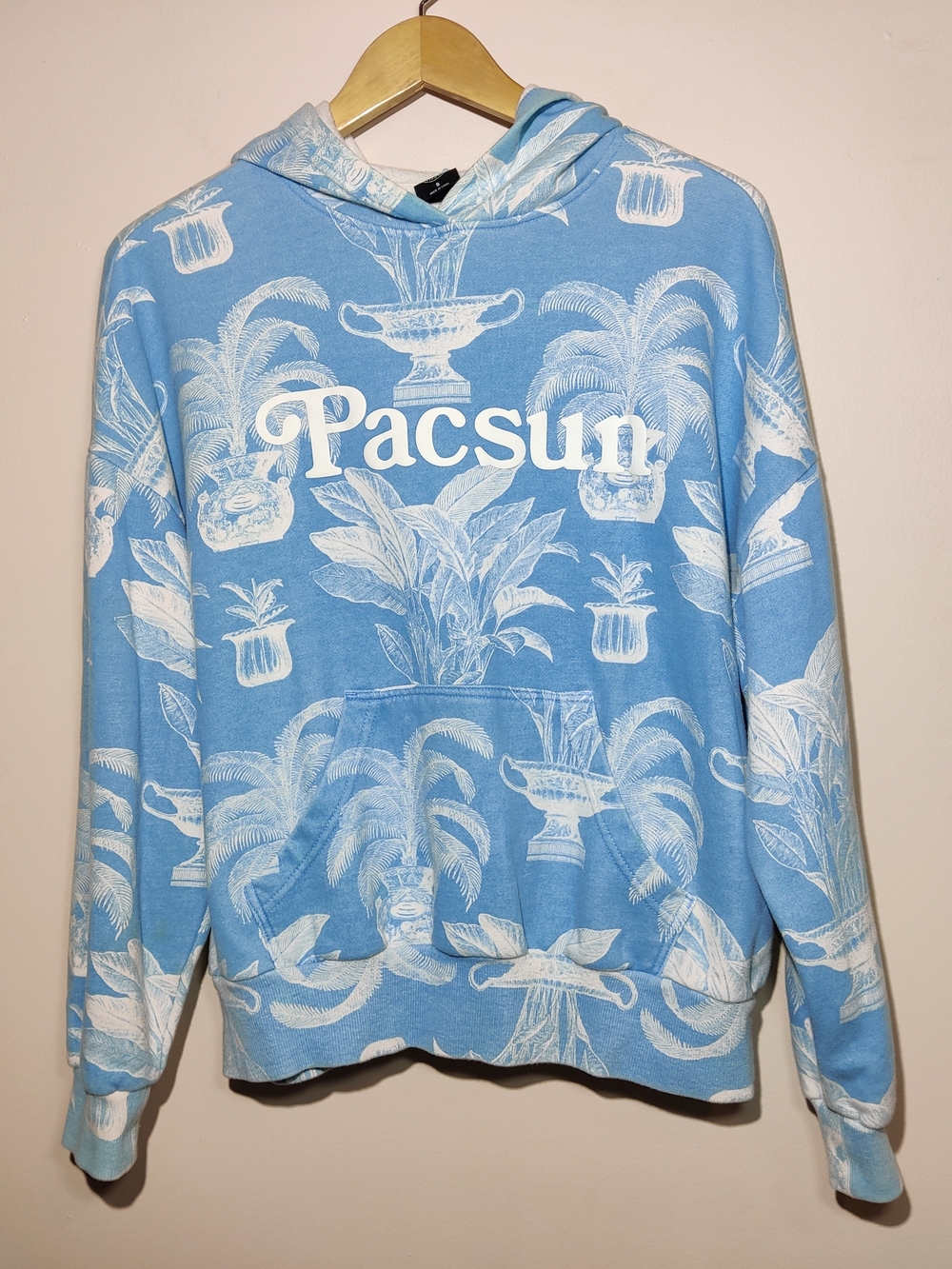 PacSun Hoodie Mens Small Blue White Toile Botanical Floral Palm Print Sweatshirt